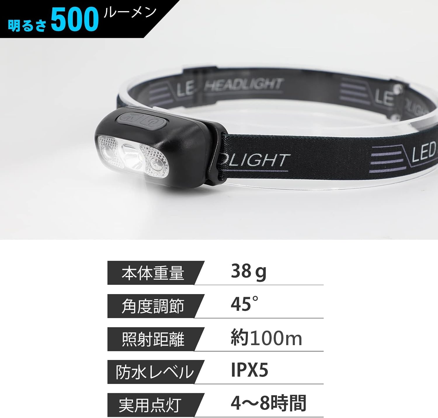 USB充電式 LEDヘッドライト 500ルーメン 超軽量38g IPX5防水 センサー検知 角度調整可能 釣り・登山・キャンプ用