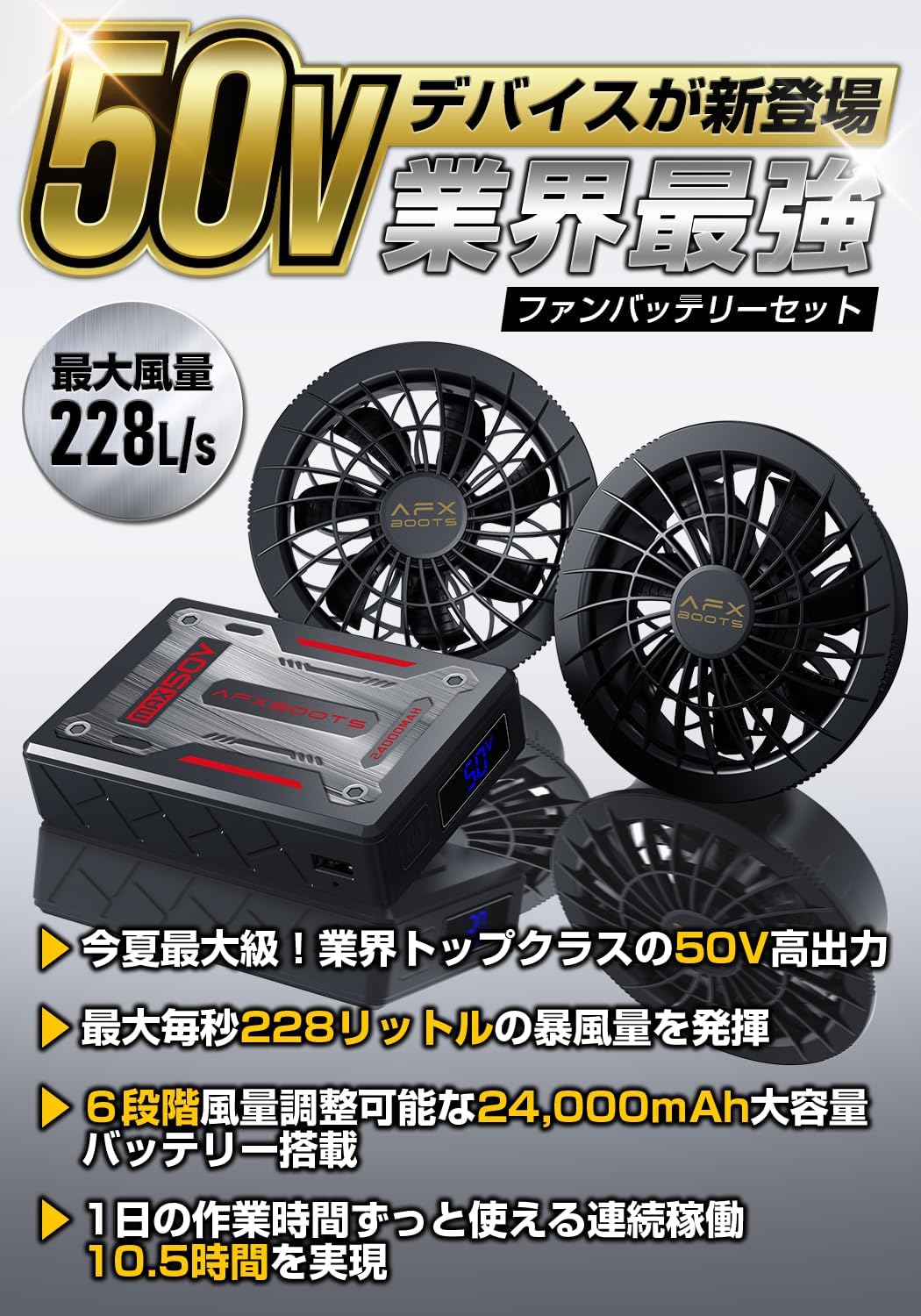 熱中症対策用 クリップ式ファン付きベスト バッテリーセット 24000mAh 50V PSE認証 風量6段階調整