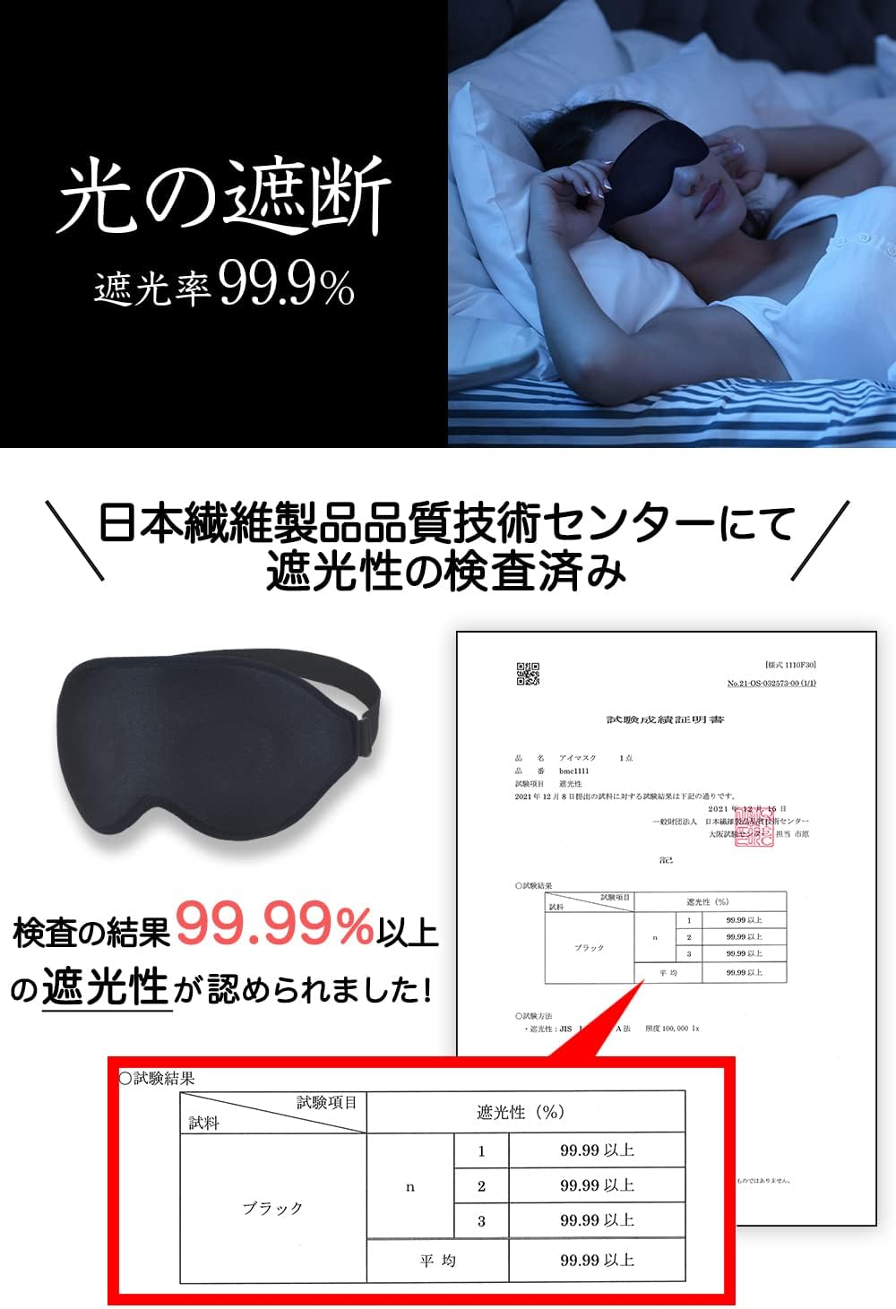 睡眠用アイマスク 3D 立体設計 遮光率99.99% ブラック 軽量
