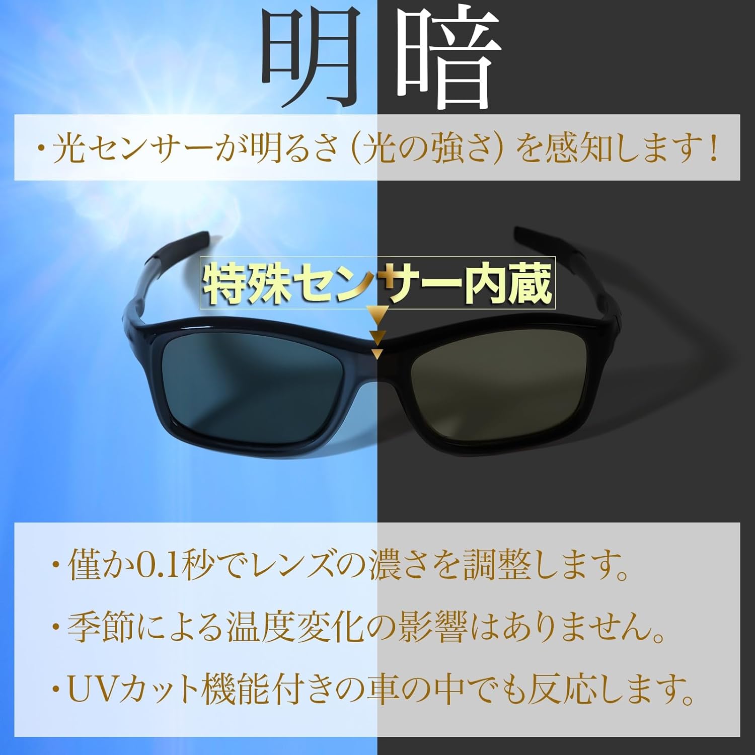 自動調光偏光サングラス 男女兼用 UVカット 軽量 スポーツタイプ