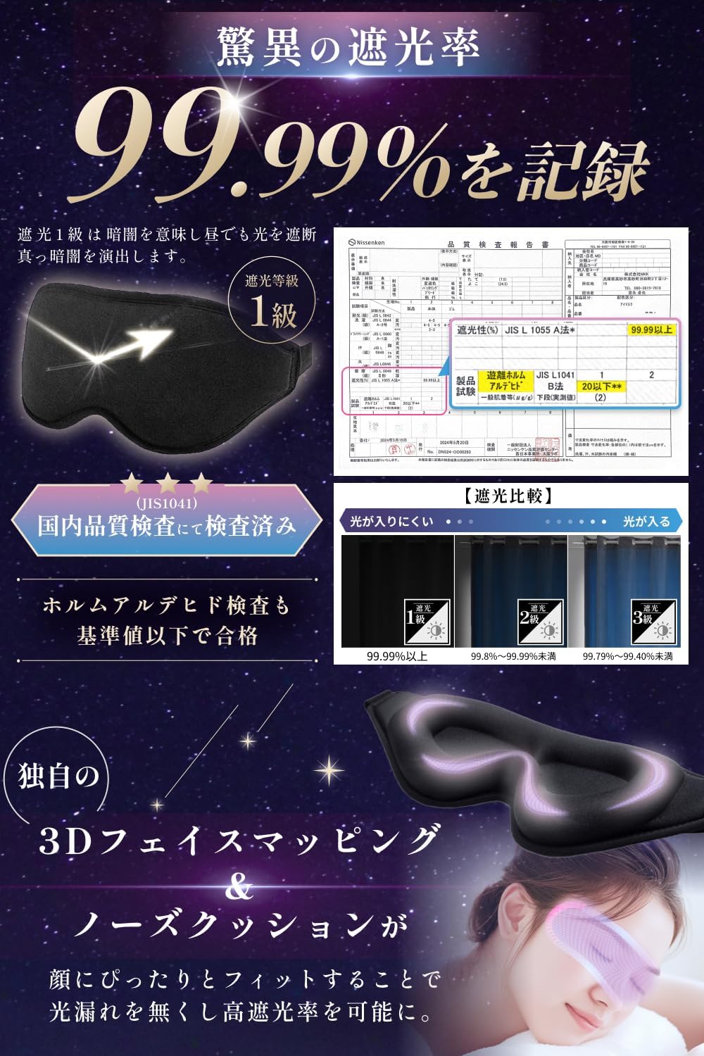 睡眠専門医推奨 無重力フィットアイマスク 完全遮光99.99％ ケース付き