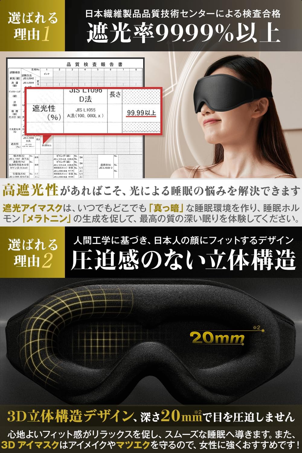 睡眠用アイマスク 3D立体型 シルク質感 軽量 ブラック
