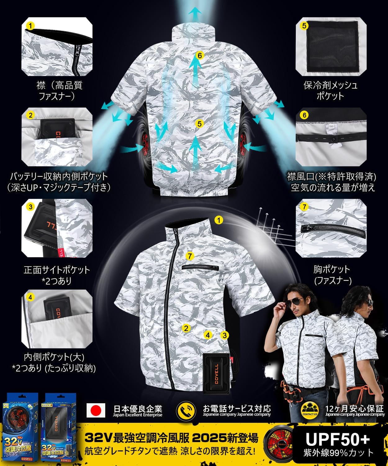 【空調冷風服 半袖ファン付きベスト 体感-15℃】 32V超高出力・急速充電・日本製ブラシレス・IP45防水