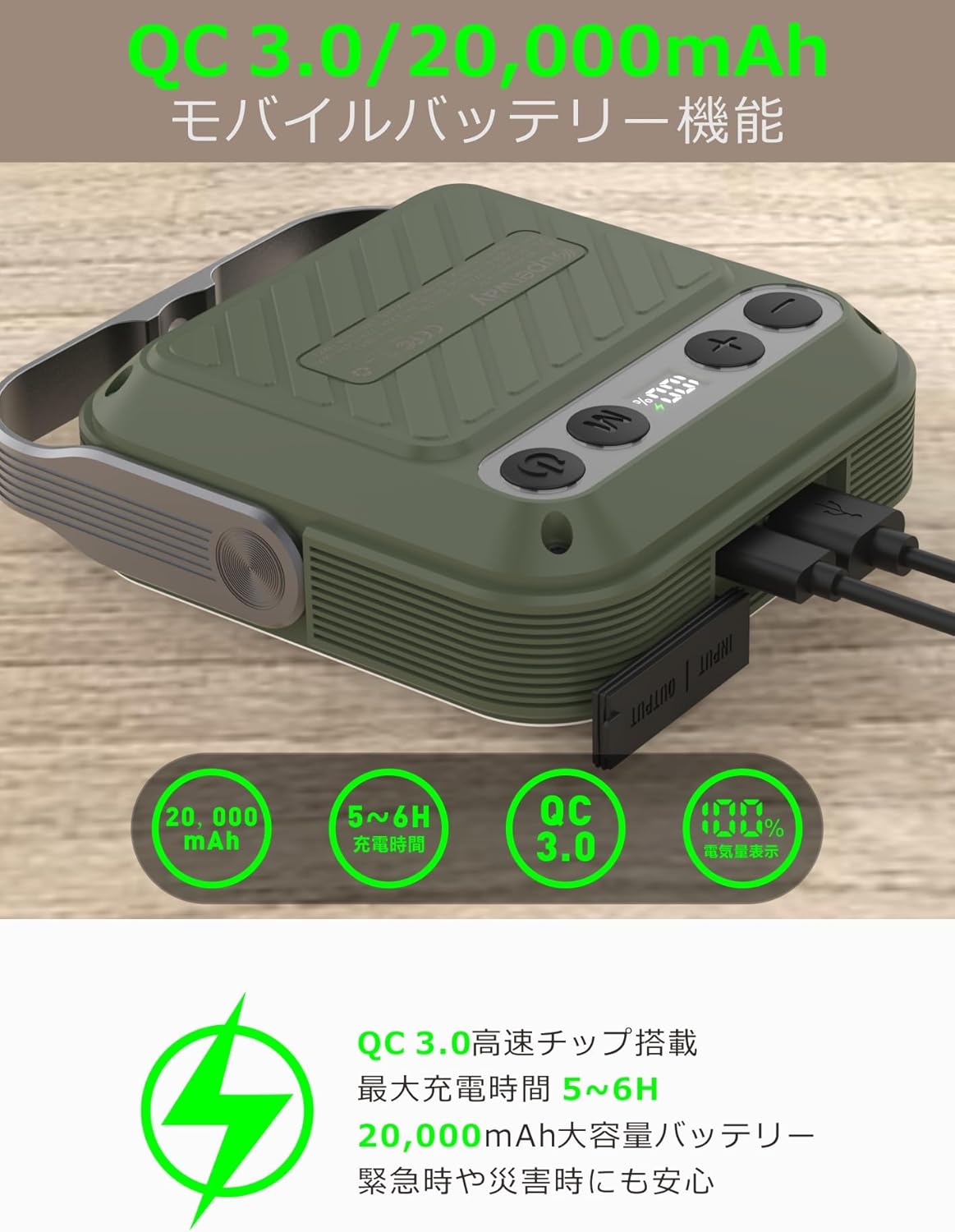 アウトドア用 20000mAh 防水LEDランタン - 1600ルーメン・四色切替・三脚接続可・磁石内蔵
