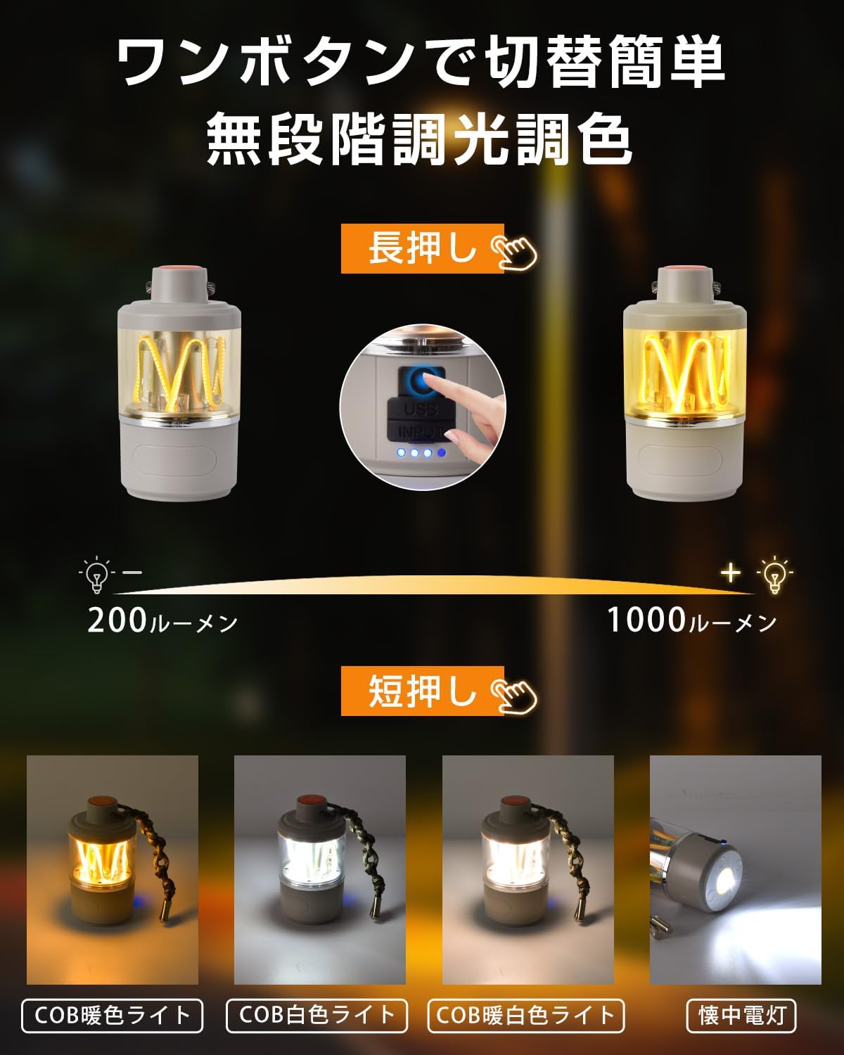 キャンプ用LEDランタン 1000ルーメン・防水防塵IP55・充電式・小型軽量