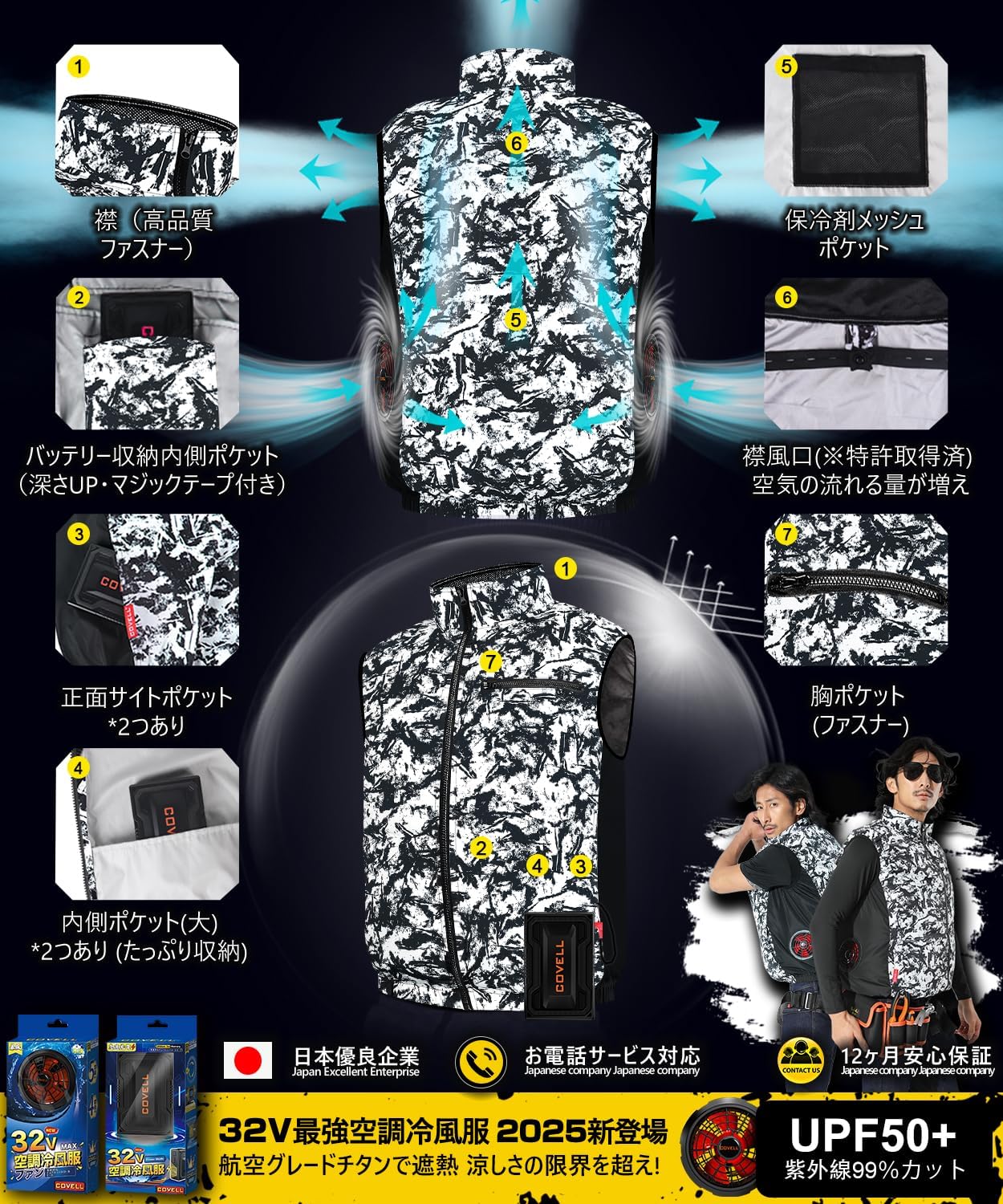 最強冷風服 32V超高出力 男女兼用ファン付きベスト 日本製ブラシレス IP45防水
