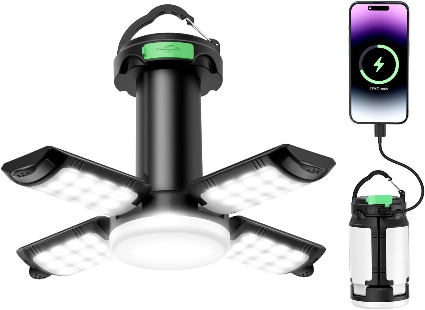 USB充電式折りたたみLEDランタン 3200mAh 大容量 IP65防水 アウトドア・キャンプ用 兼モバイルバッテリー (ブラック)