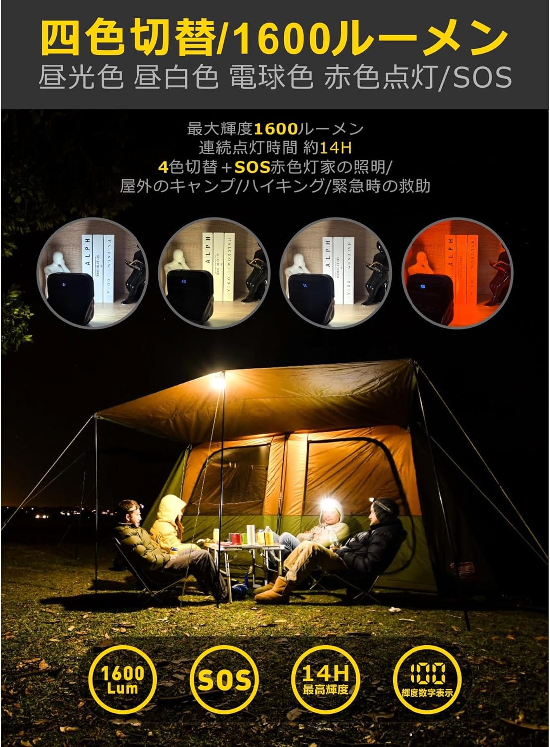 20000mAh LEDランタン（1600ルーメン）防水・三脚接続可能・四色切替【アウトドア用】