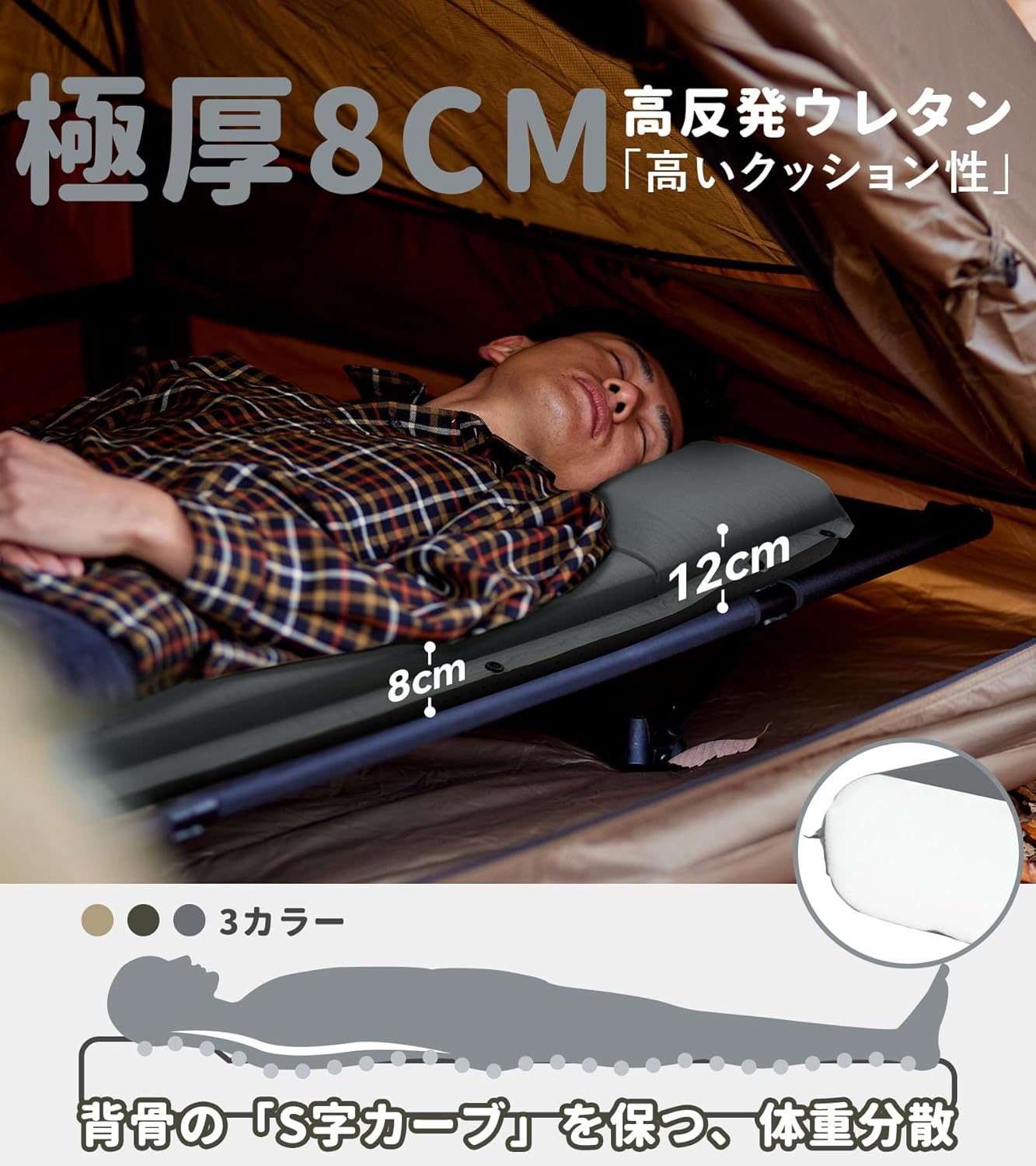 HIKENTURE 極厚8cm 自動膨張キャンプマット シングル【R値6.2・滑り止め加工・枕付き】