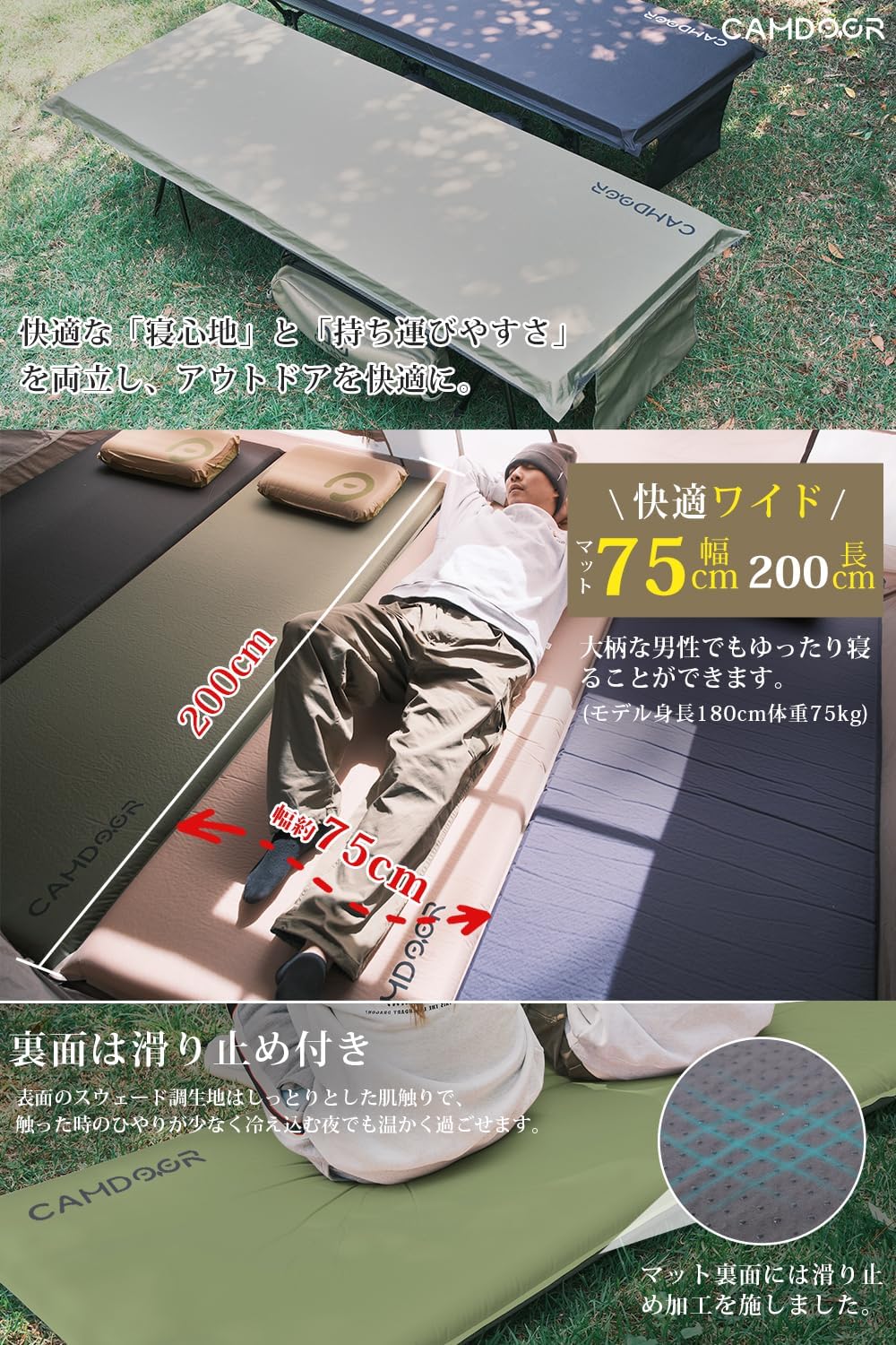 キャンプ エアーマット 75cm 超広幅 自動膨張 10cm厚 R値6.8 2個セット