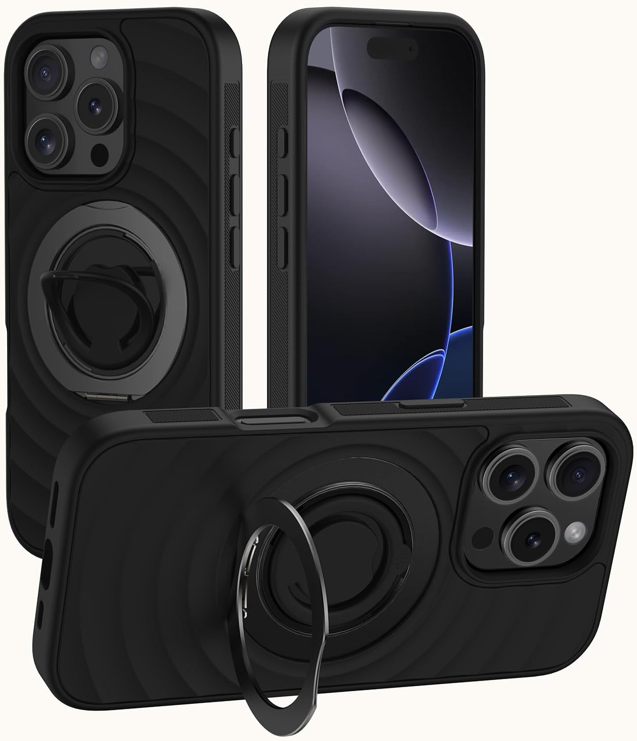 iPhone 16 Pro ケース MagSafe対応 米軍MIL規格耐衝撃 スマホリング付 360°回転スタンド ブラック