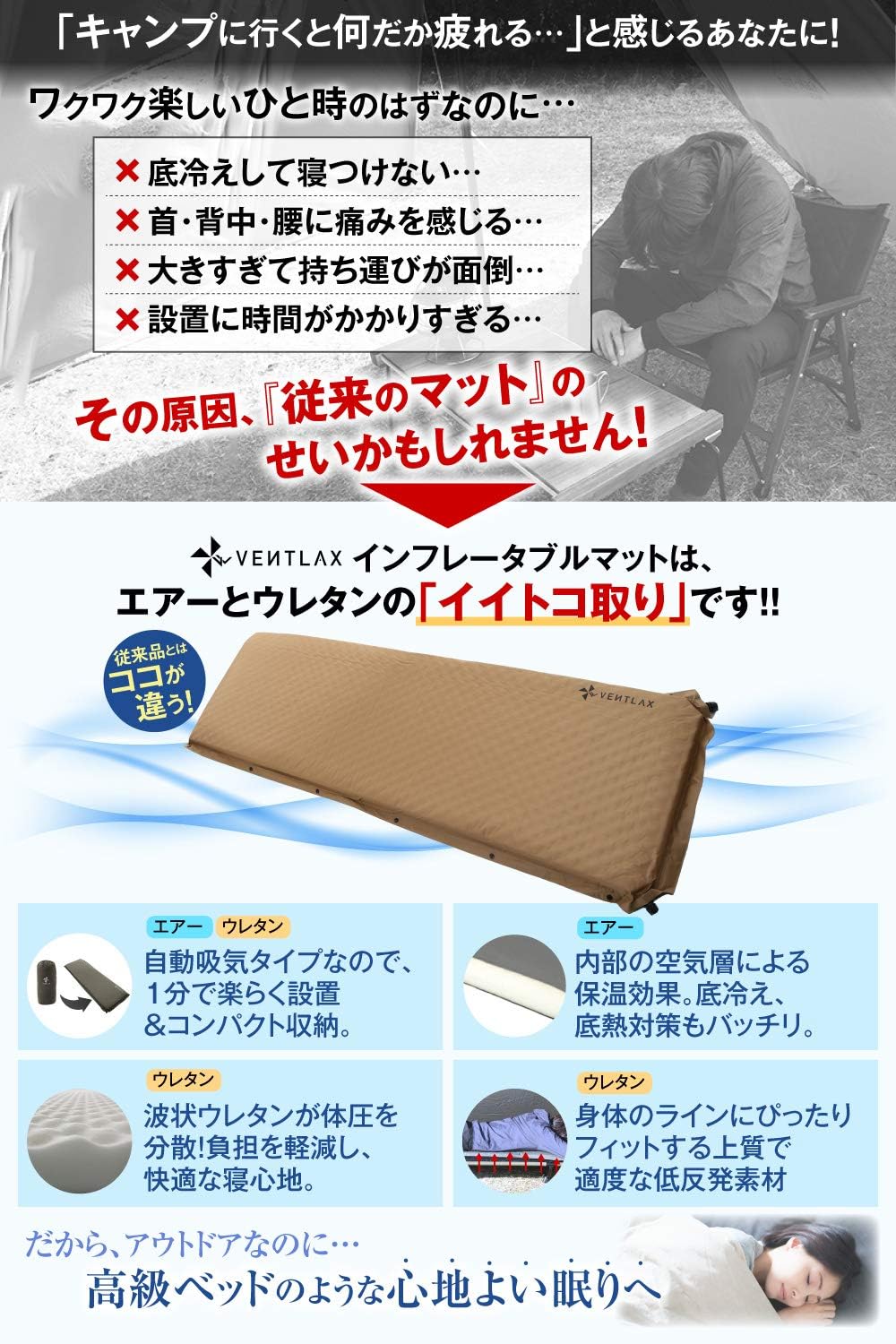 極厚8cm VENTLAX アウトドアエアーマット 車中泊・防災用