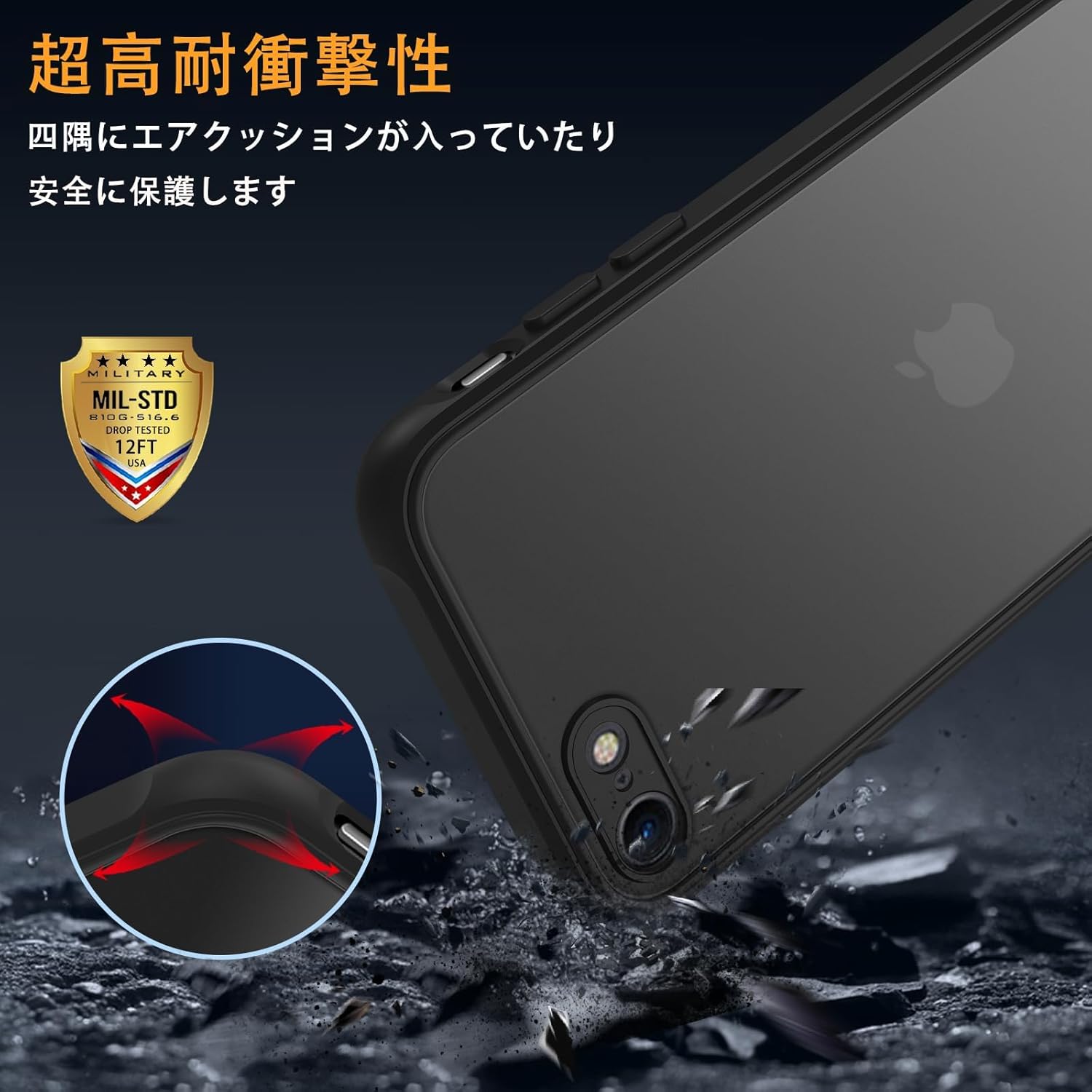 iPhone SE 第3世代/第2世代/8/7用耐衝撃マットケース（ブラック）