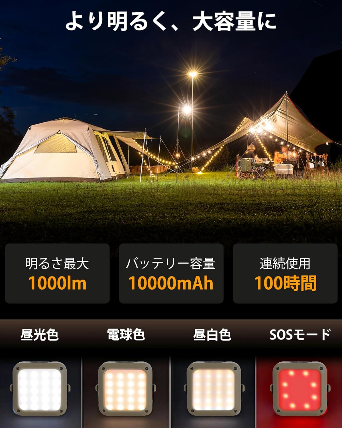 LEDランタン 10000mAh バッテリー 三段階輝度 IP65防水 軽量 キャンプ アウトドア用