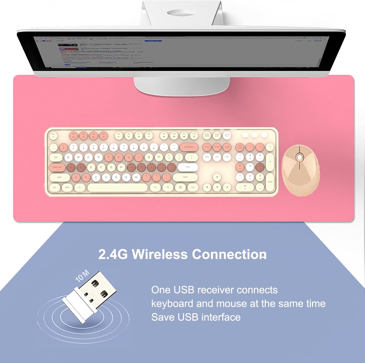 カラフルな2.4G USBワイヤレスキーボード＆マウスセット（ミルクティー）