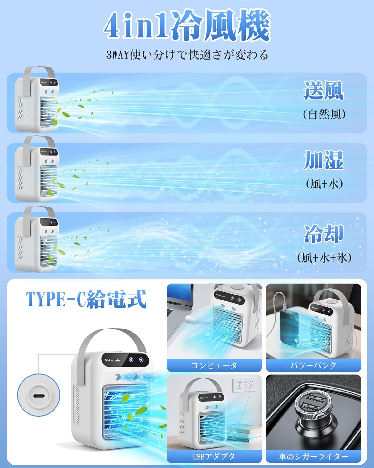 卓上冷風機 【2025高性能モデル】小型ミニエアコン 500ML大容量 2段階風量 加湿・冷却・空気清浄機能付き