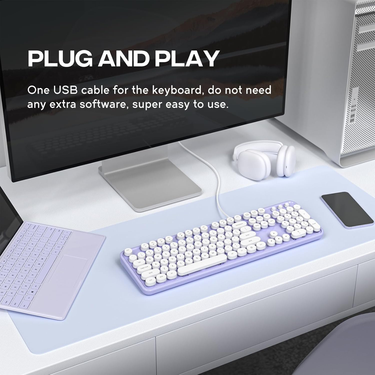 MOWUX レトロタイプライター風 有線キーボード フルサイズ USB パープル・ホワイト