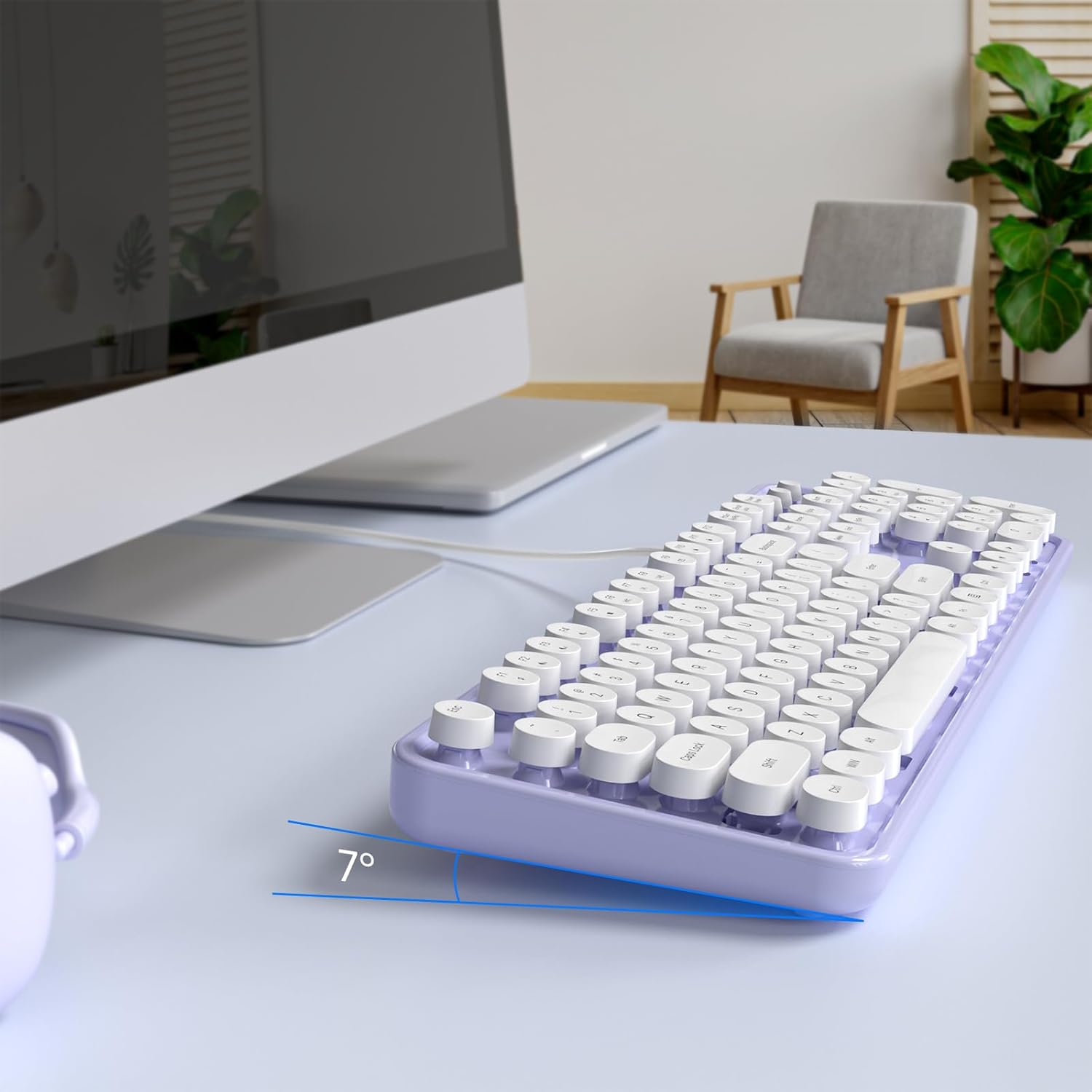 MOWUX レトロタイプライター風 有線キーボード フルサイズ USB パープル・ホワイト