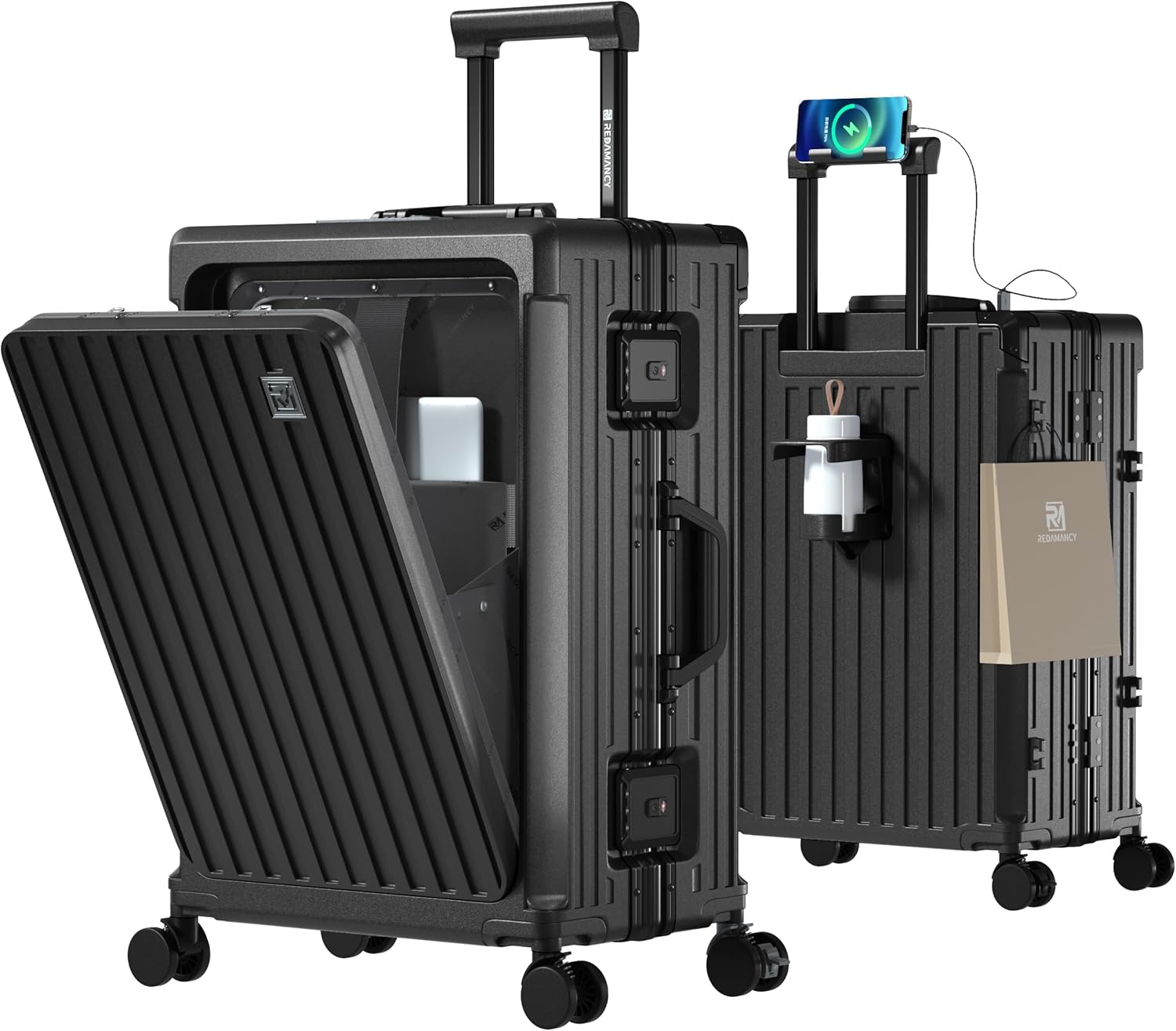 多機能アルミフレーム・スーツケース 20インチ （42L） 機内持ち込み対応 ブラック USBポート・カップホルダー付き