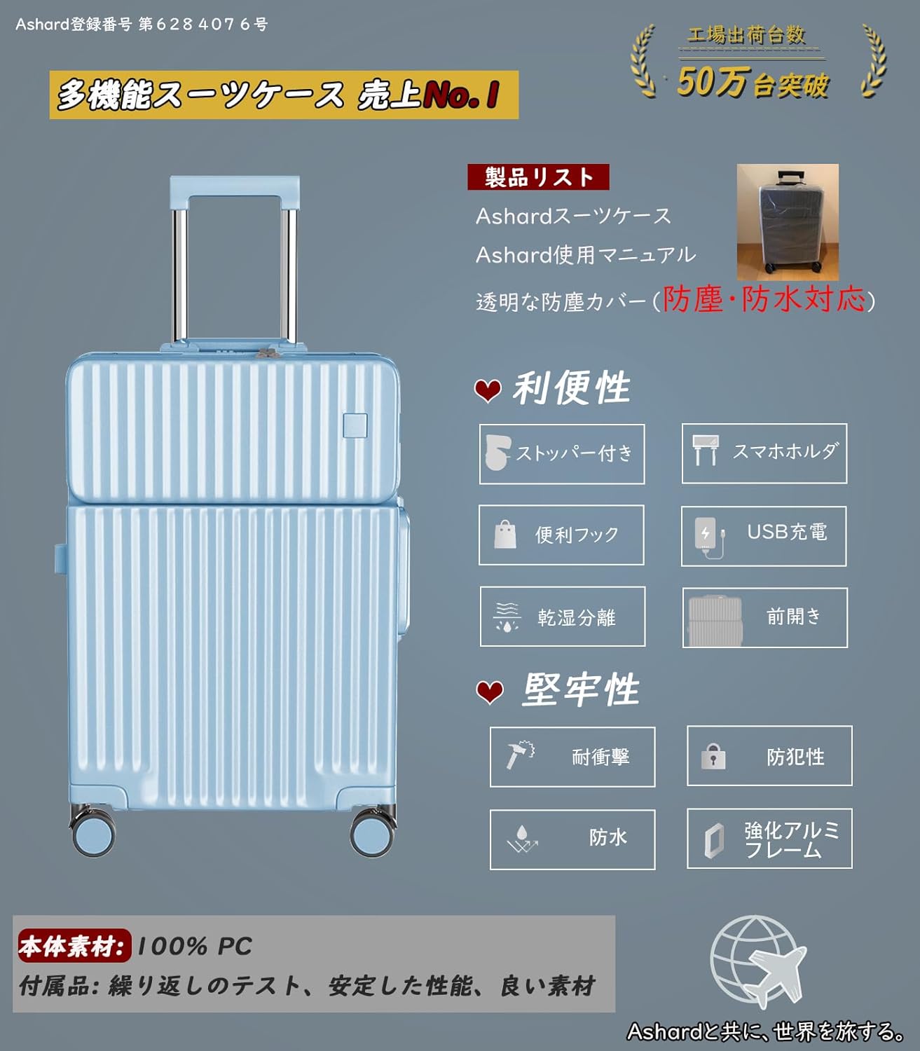 機内持ち込み可 大容量キャリーケース USBポート・カップホルダー付 超軽量・静音 Sサイズ (42L) ライトブルー