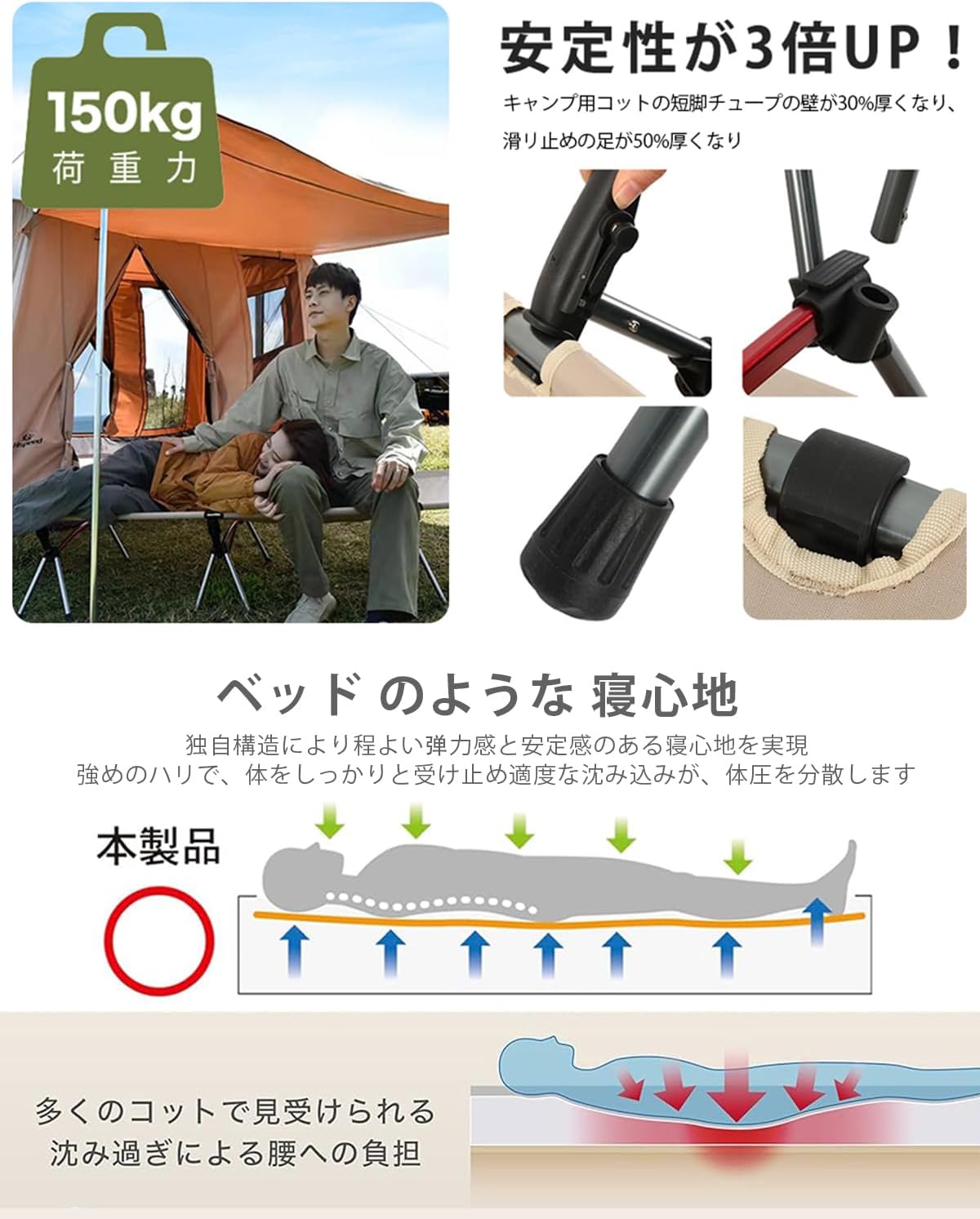 アウトドアキャンプ用 折りたたみ式2WAY簡易ベッド - 超軽量・耐荷重150kg (カーキ)