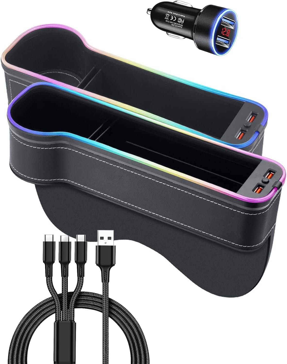 LED車用多機能サイド収納ボックス USB充電ポート・ドリンクホルダー付き