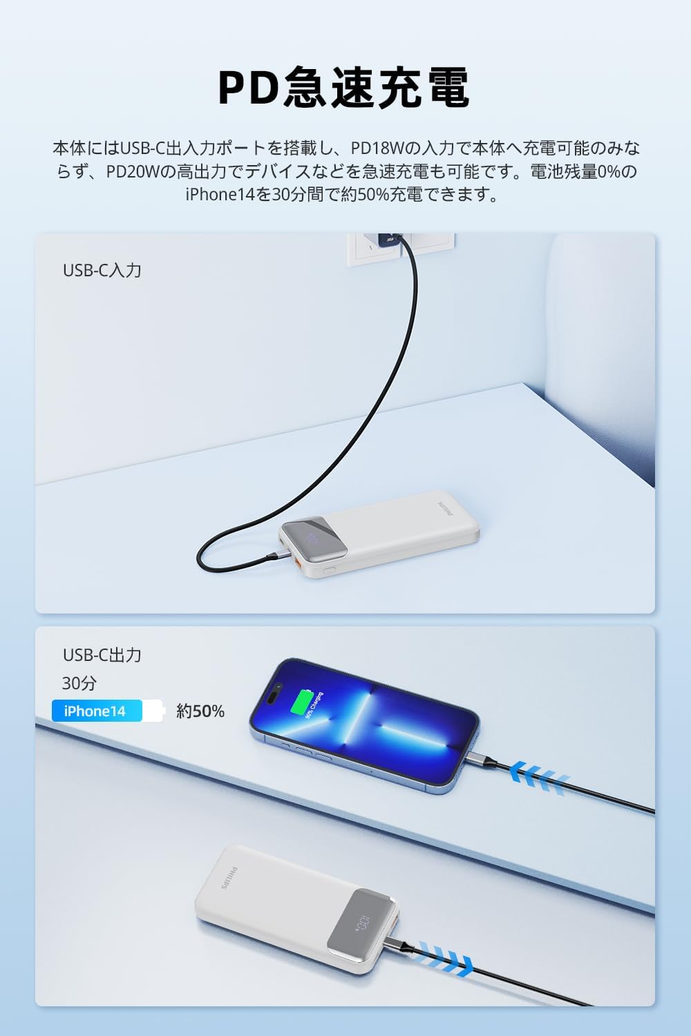フィリップス モバイルバッテリー 10000mAh PD&QC急速充電 スマホ充電器 PSE認証済