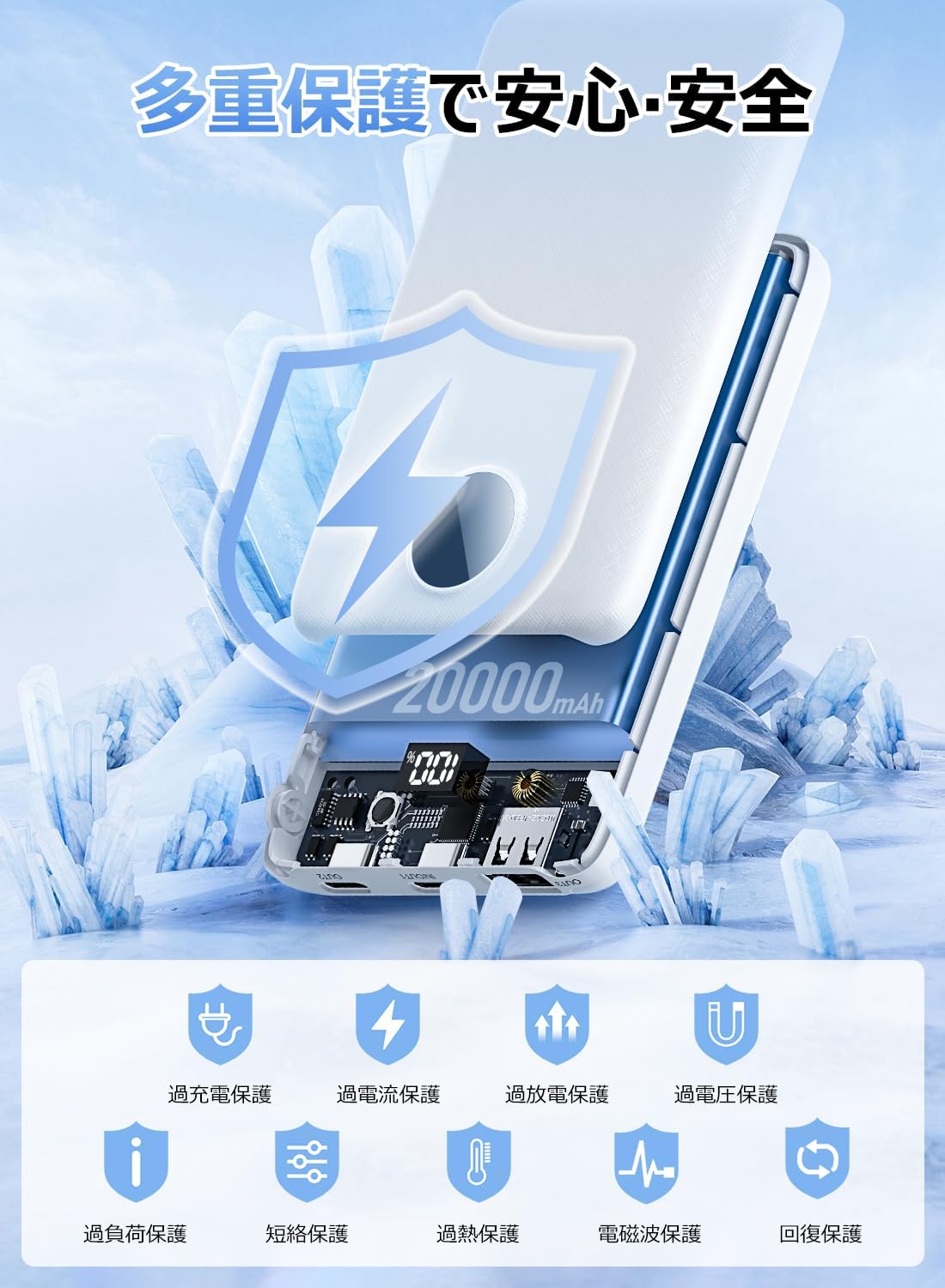 モバイルバッテリー 大容量20000mAh 軽量・薄型・急速充電対応 Type-C・USB出力 ポータブル充電器