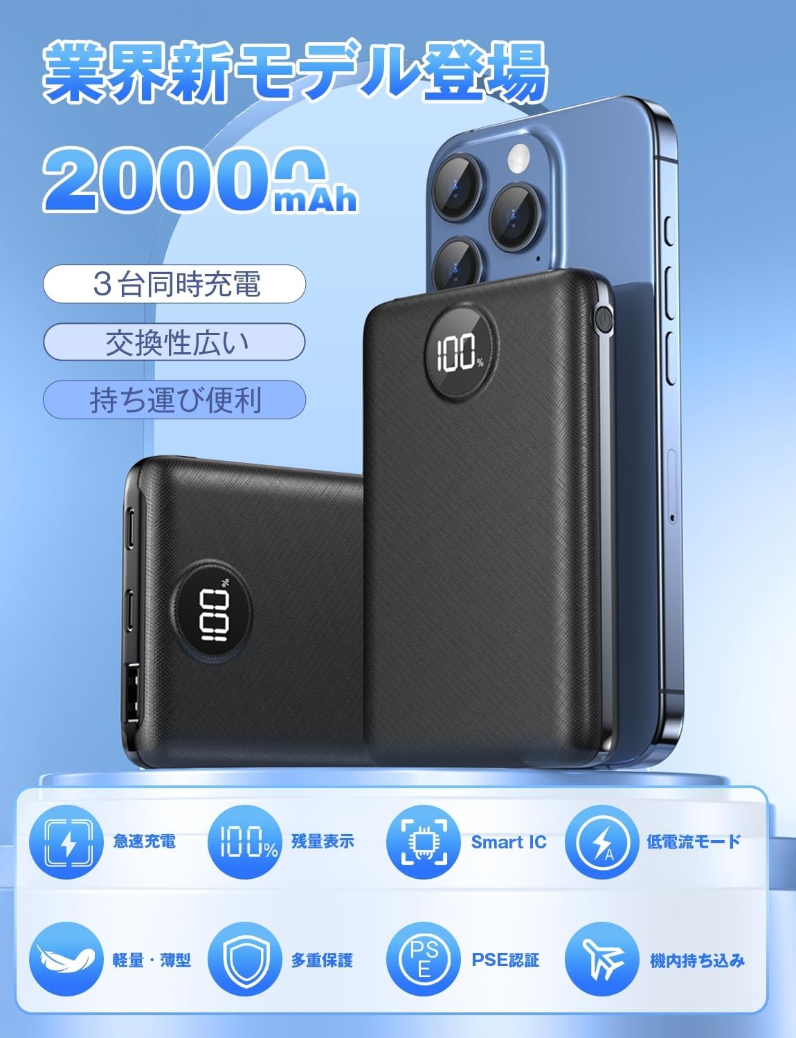 大容量20000mAhモバイルバッテリー【超薄型・急速充電・3台同時充電対応】