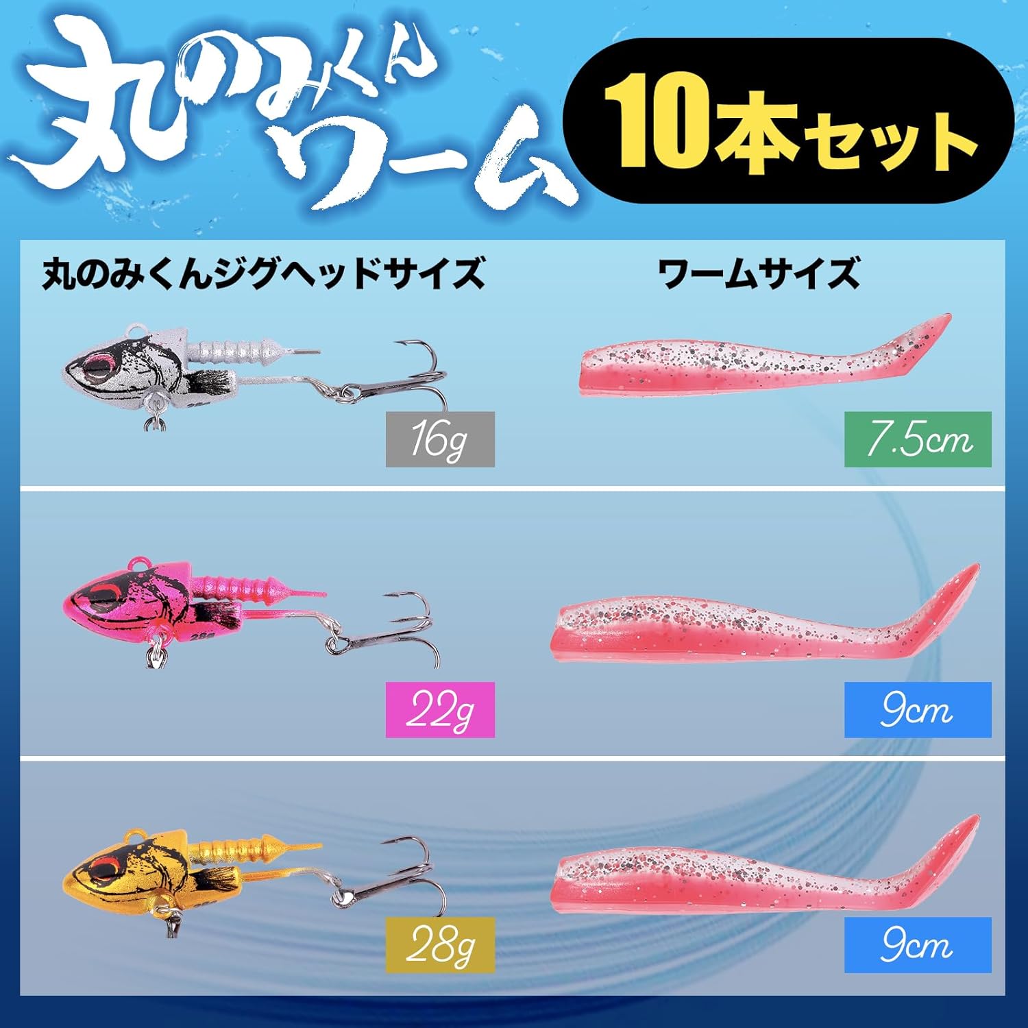 シーバスルアー 丸のみくん ジグヘッドワーム 75mm・90mm 各10本入り