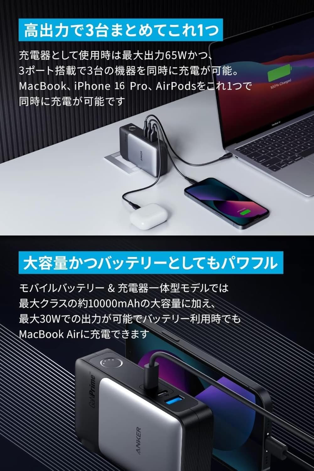 Anker 733 Power Bank 10000mAh 65W出力 USB充電器 (ブラック)