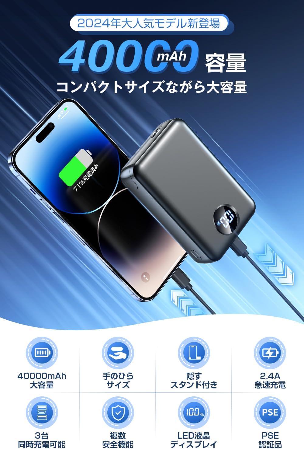 2025新型 40000mAh モバイルバッテリー 薄型・軽量タイプ USB急速充電 3台同時充電対応