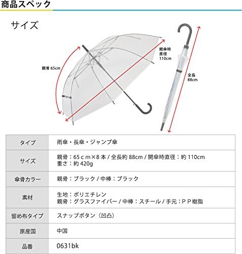ブラック 65cm 大型透明ジャンプ傘 8本骨 耐風グラスファイバー 6本セット