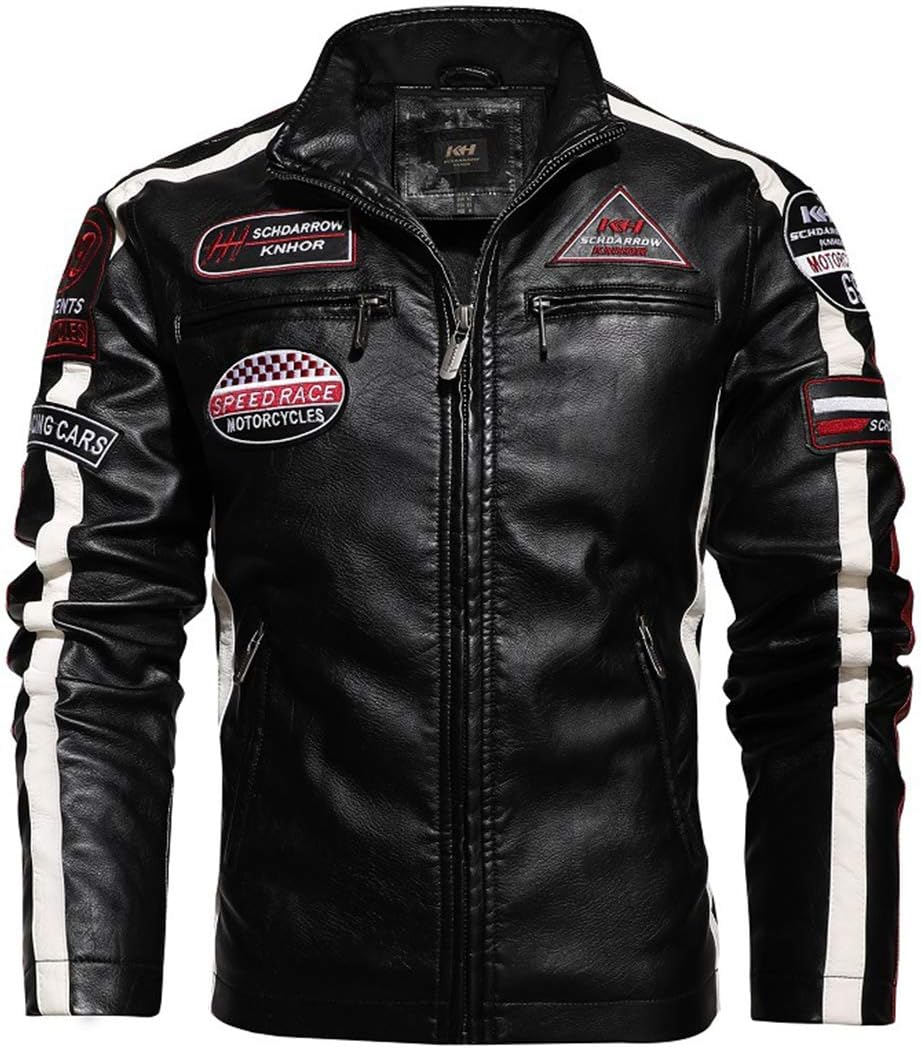 メンズ PUフェイクレザー立ちネックジャケット バイク用ショート丈 防風防水 大きいサイズ