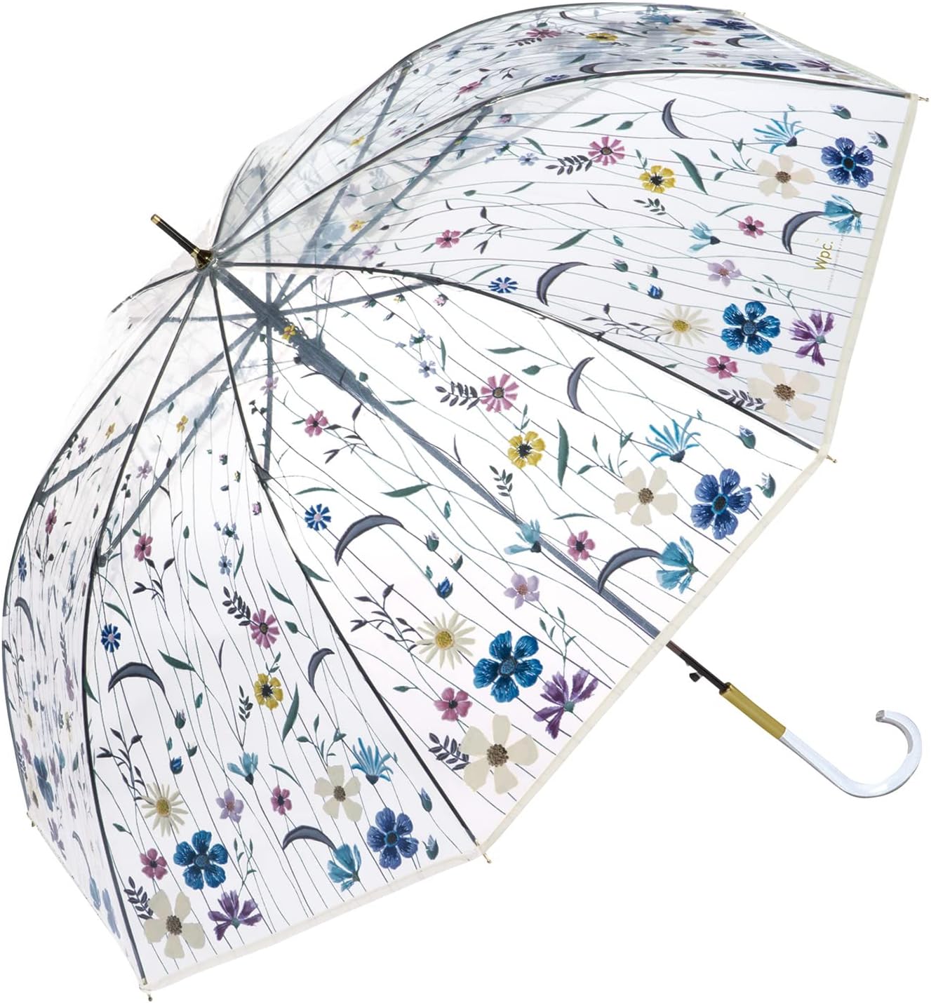 撥水加工 花柄刺繍風ビニール傘 レディース用 61cm 長傘 ブルー PT-EM02-001