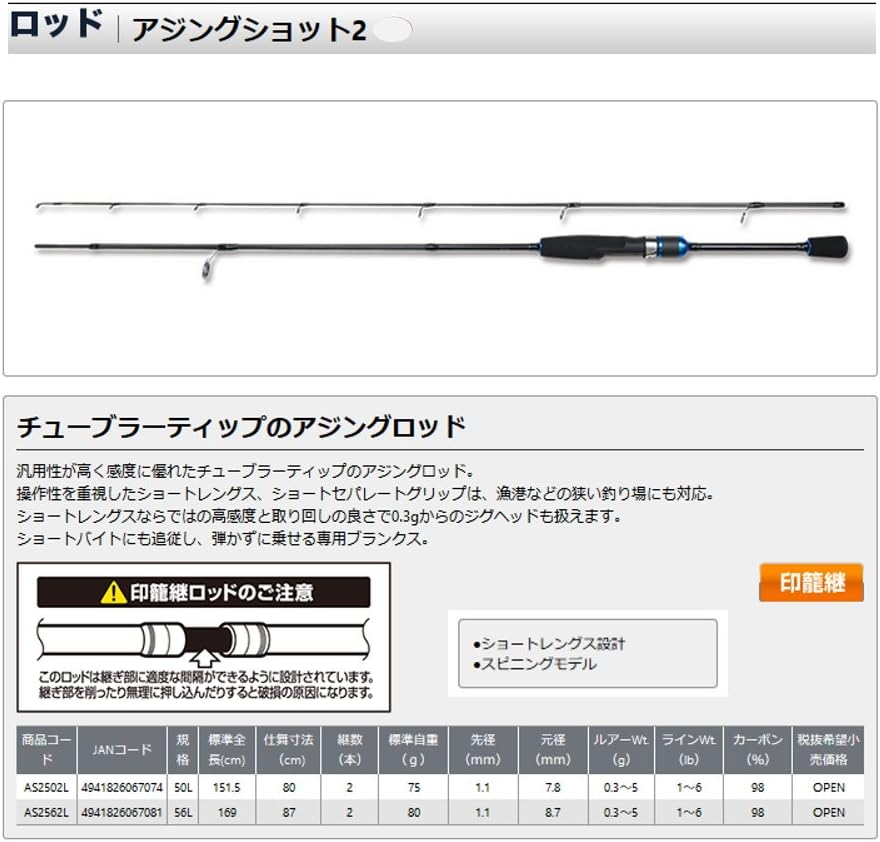 アジングショット2 50L/56L AS2 操作性重視のショートレングス フィッシングロッド