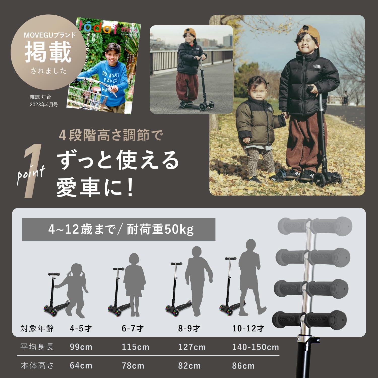 クリスマスプレゼントに最適！4段階高さ調整可能なLEDライト付き3輪キックスクーター【軽量・折り畳み・持ち運び便利】