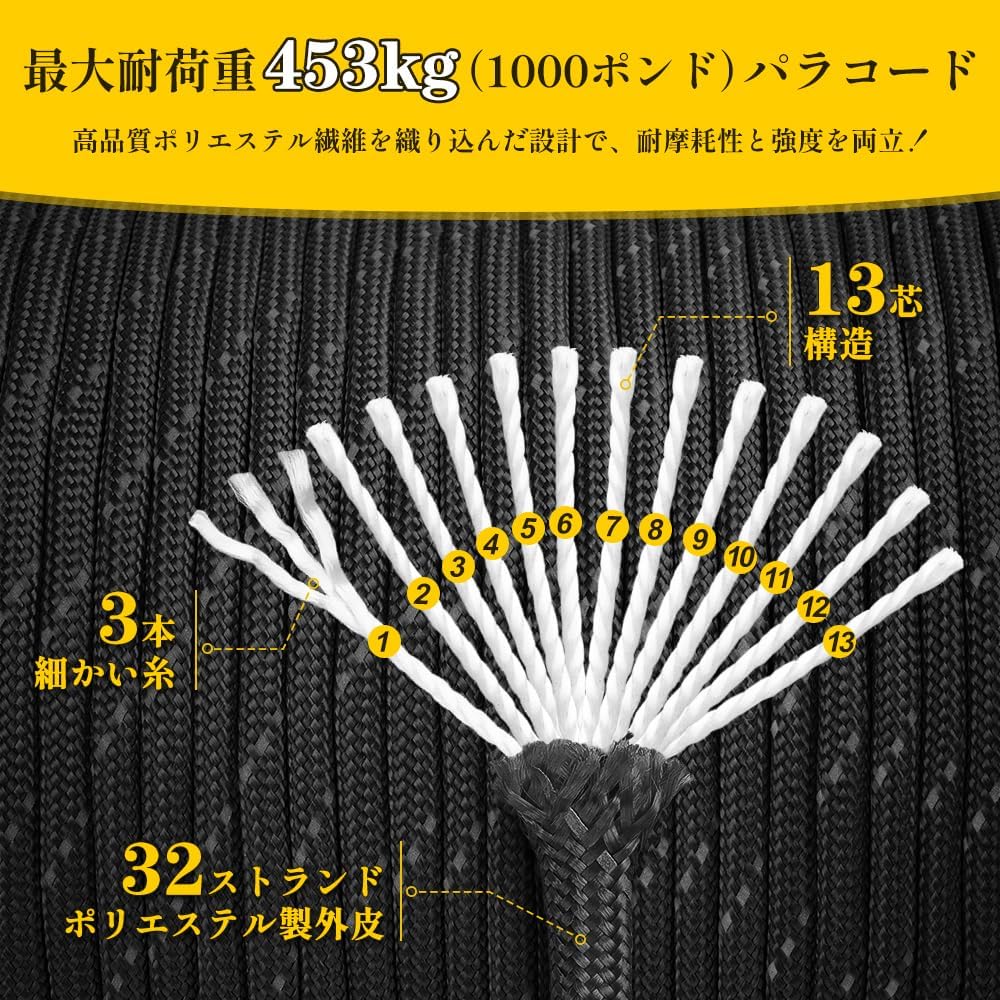 反射材入り 4mmパラコード ガイロープ 強化13芯 450kg耐荷重 100M巻 アウトドア用 ブラック
