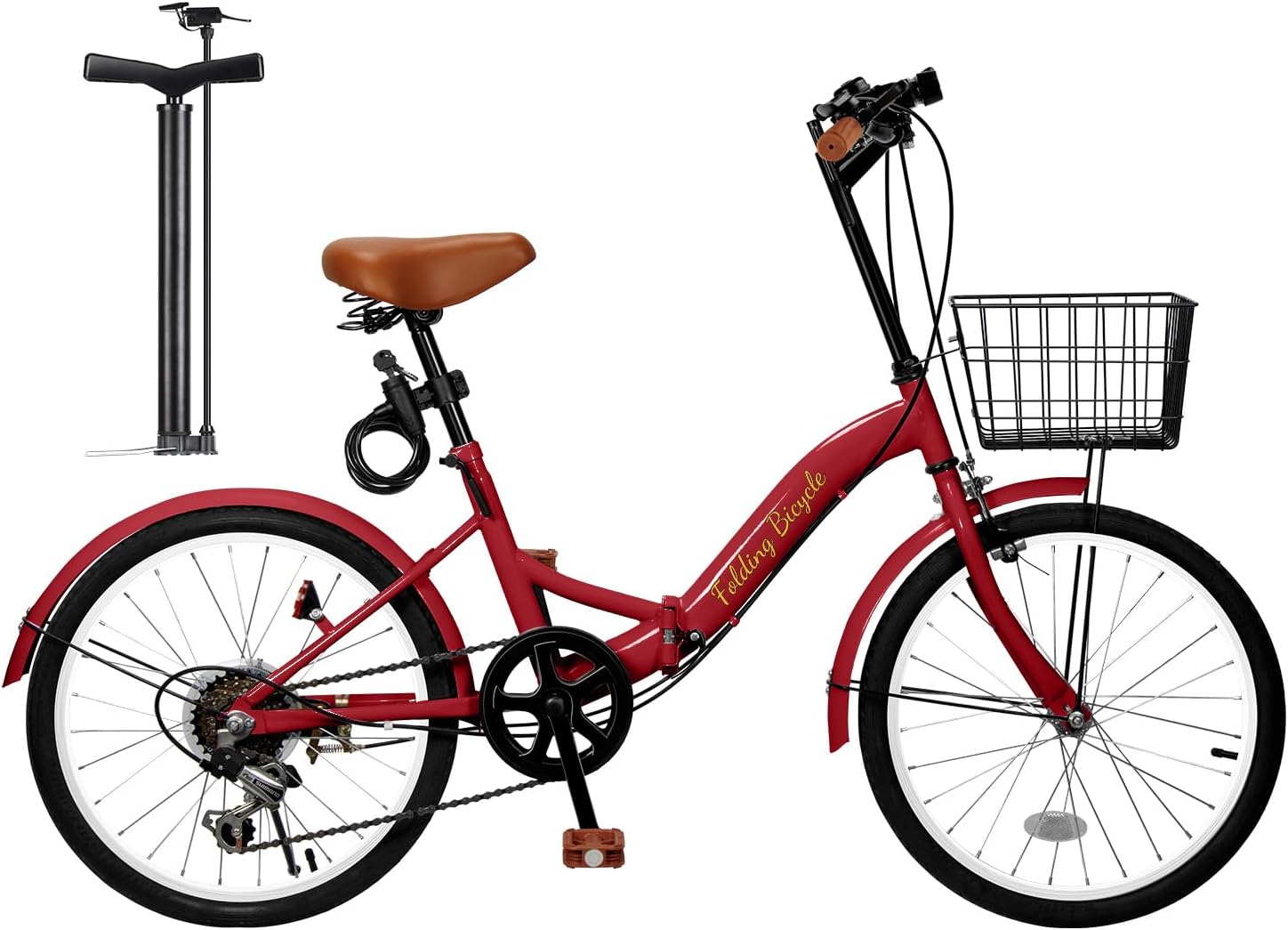 20インチ軽量折りたたみ自転車 シマノ6段変速 前後泥除け・ワイヤーロック・ライト・カゴ・空気入れ付き 男女兼用