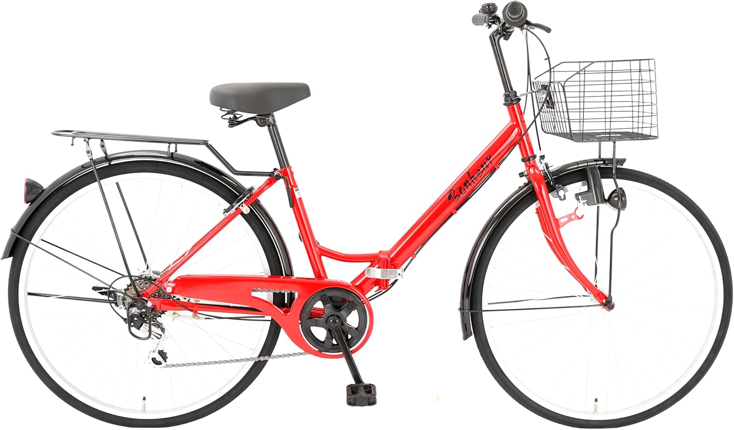 【通勤・通学用】婦人用26インチシティサイクル シマノ6段変速 大型カゴ付き 折りたたみ自転車