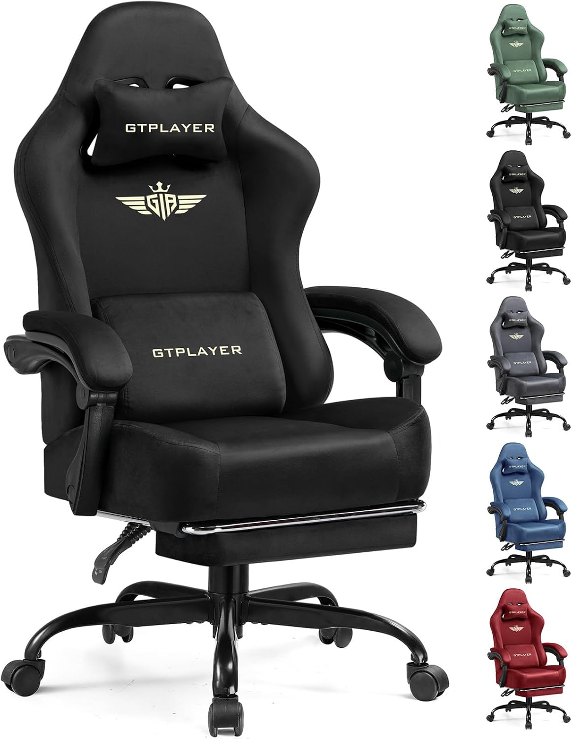 GTPLAYER ゲーミングチェア ハイバック リクライニング ベロア 50cm幅 フットレスト付き 通気性 在宅ワーク用
