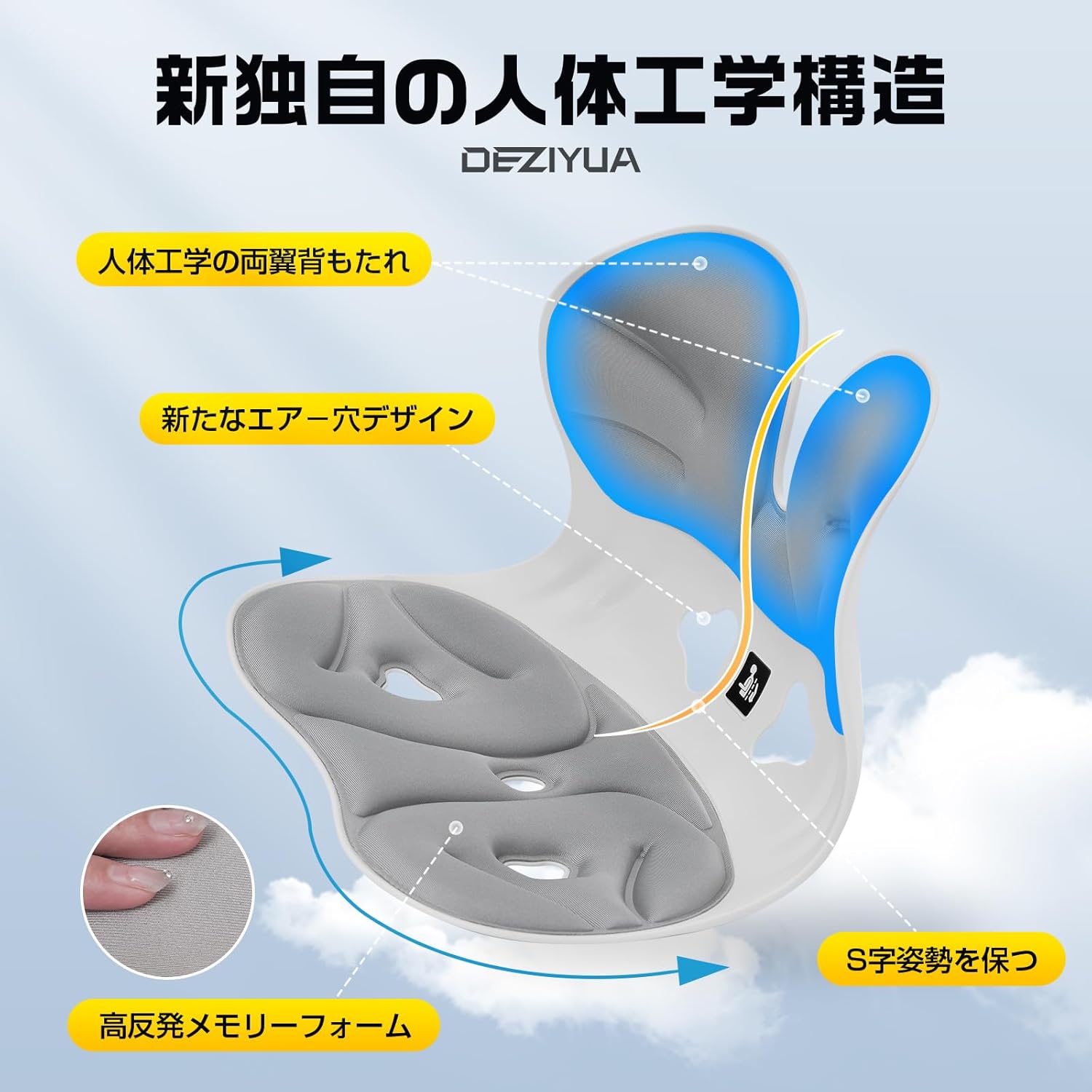 姿勢矯正バランスチェア【デズヤ】【座面進級・通気性改善】腰痛予防・猫背改善・150kg耐荷重【整体師推薦】男女兼用（グレー）