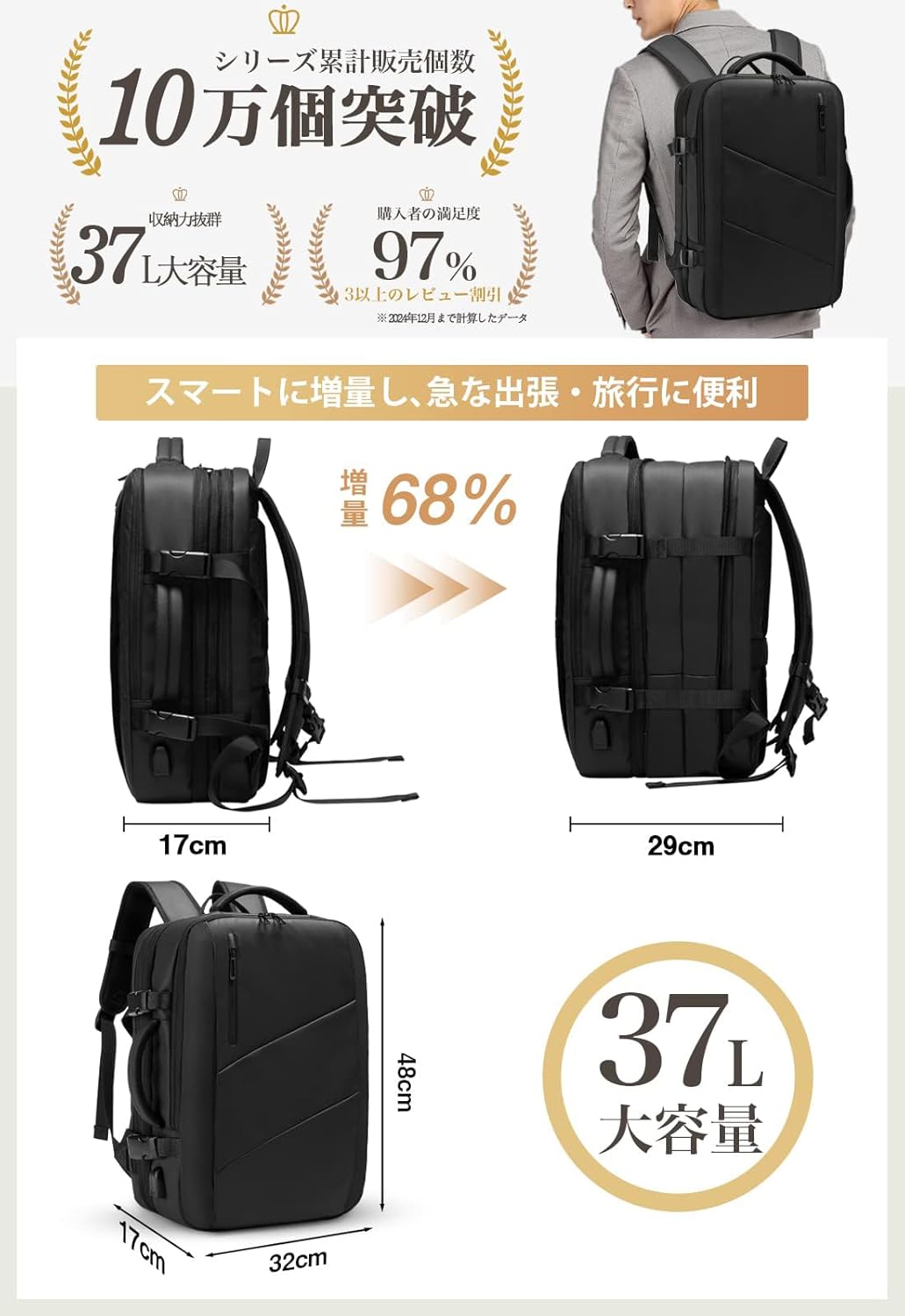ビジネス用大容量3wayリュック - 17インチPC収納、防水・盗難防止、USB充電ポート付き (メンズ)