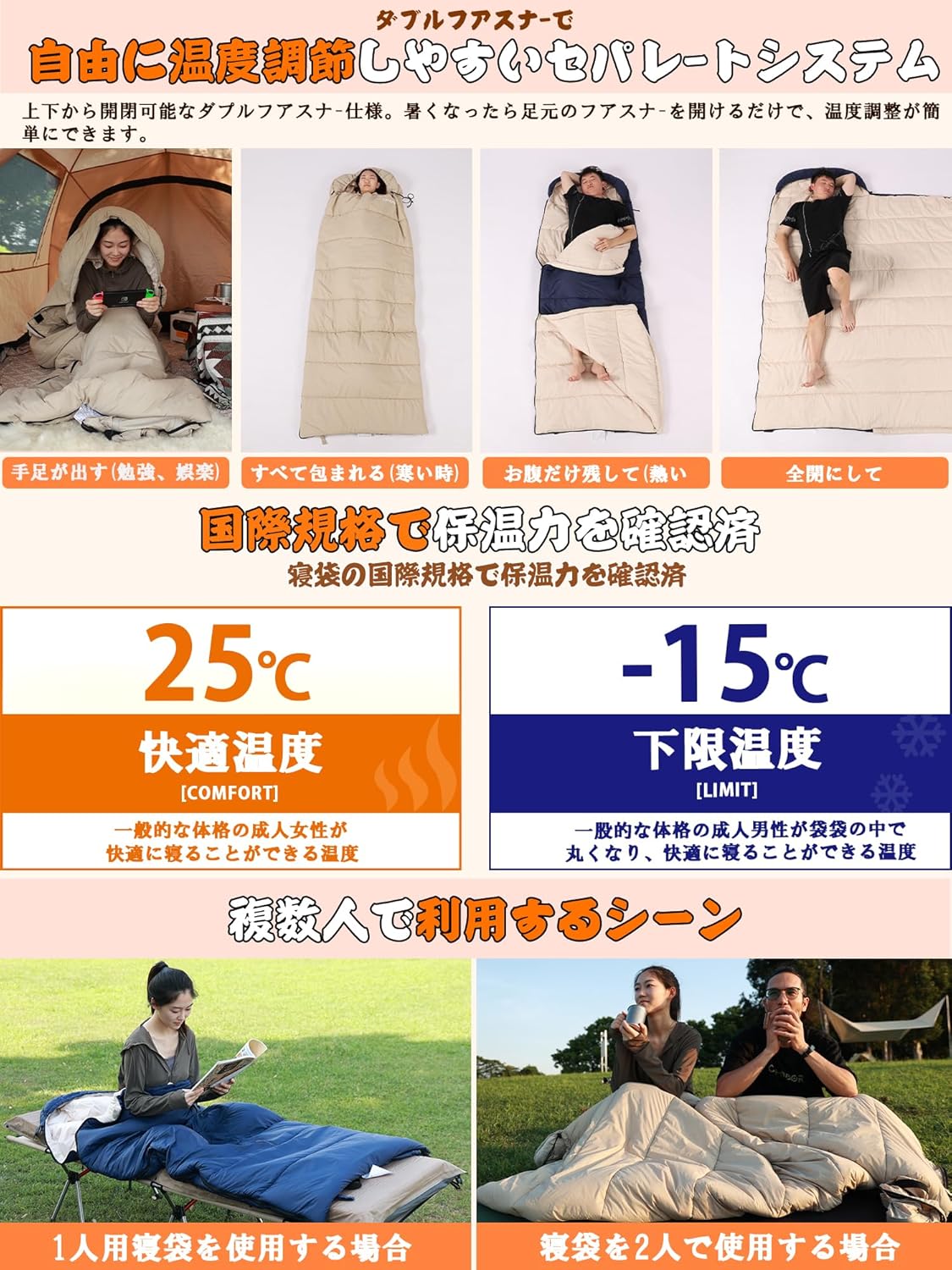 冬用人工ダウン寝袋 320T防水耐裂 コンパクト -15℃~20℃耐寒 オールシーズン 車中泊・キャンプ用