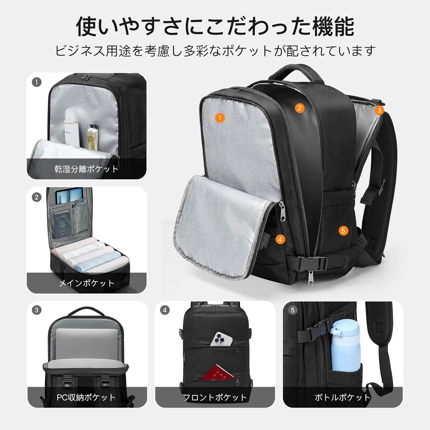 ビジネス通勤用軽量防水リュック メンズ 20L 15インチPC対応 大容量バックパック