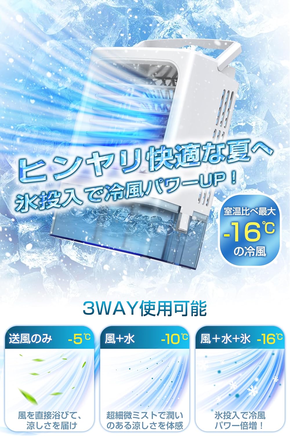 2025年革新冷風機 卓上ポータブル水冷エアコン -16℃瞬間冷却 大風量・超音波加湿 1000ML水タンク USB給電・タイマー付き (ホワイト×ブルー)