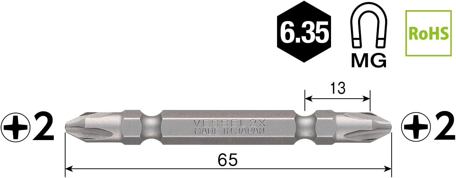 40V対応・先端強化両頭ビット 5本組（+2×65）【ベッセル】