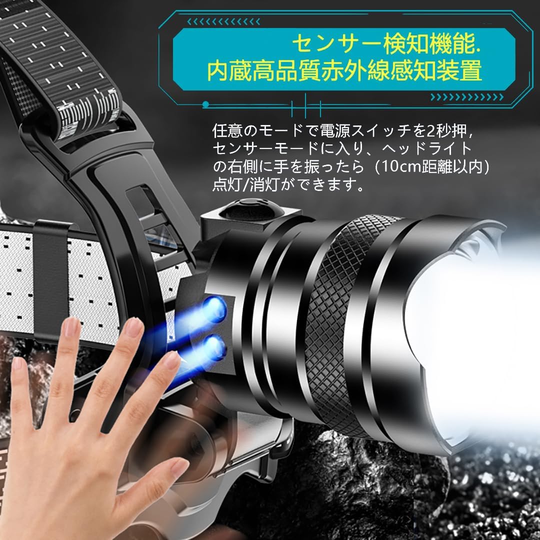 LEDヘッドライト 800000ルーメン 充電式 軽量 IPX65防水 3モード ズーム機能 手振りセンサー付き 夜間作業・アウトドア用