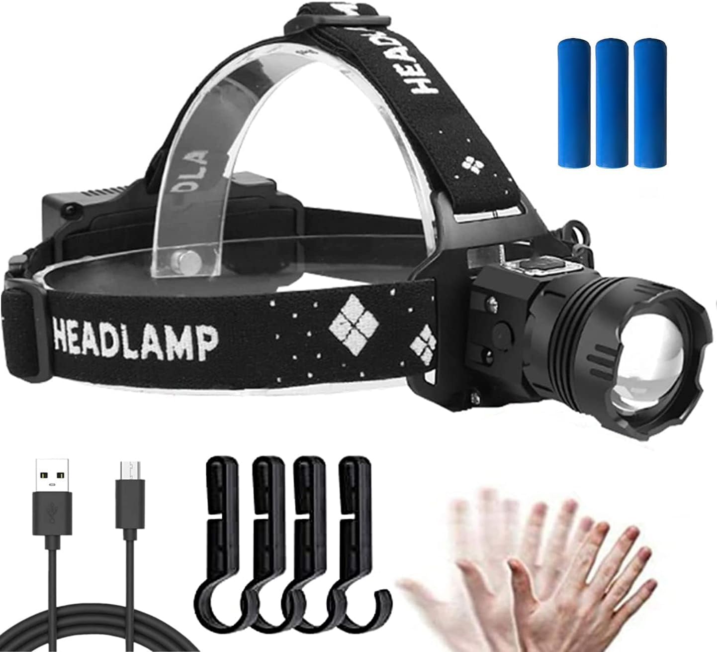 夜釣り・登山・キャンプ用 3000000ルーメン LEDヘッドランプ 充電式・防水・軽量・手振りセンサー機能付き