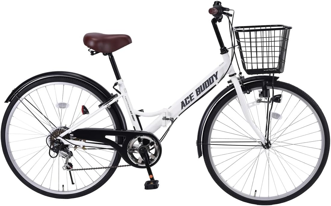 折りたたみ自転車 26インチ シマノ6段変速 ママチャリ 通勤通学用 カゴ・鍵・LEDライト付き